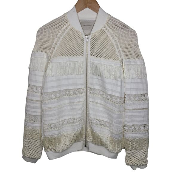 Emma Cook Isabella Cotton Bomber White/Ivory Womens SZ 8 Fringe/Mesh Zip Up NEW - Picture 1 of 11